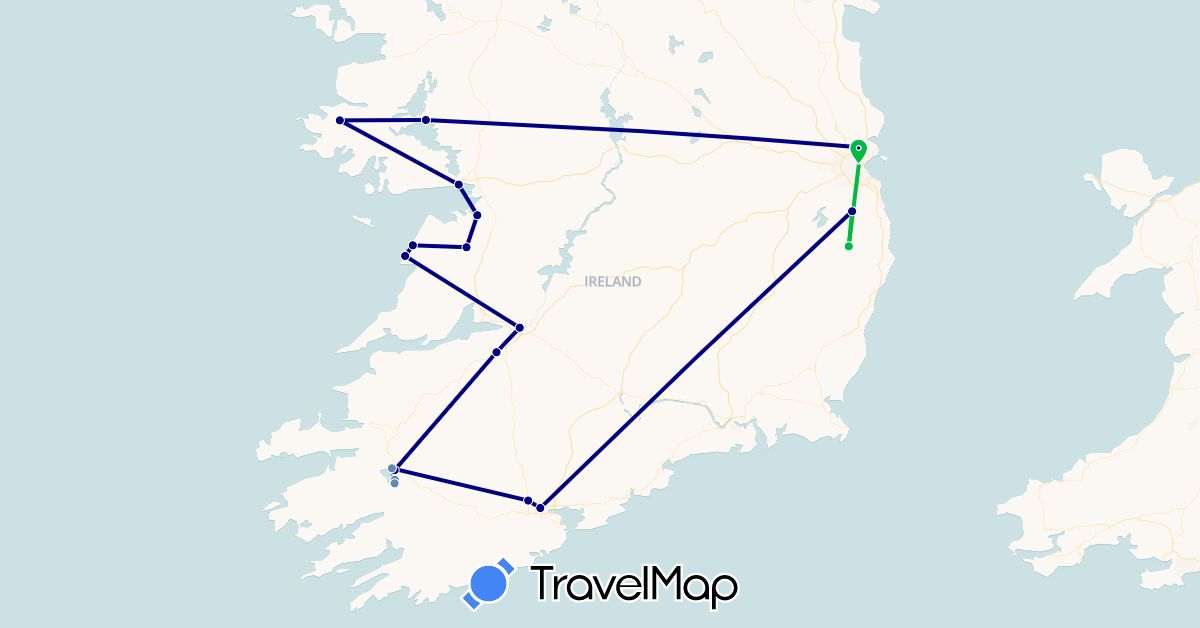 TravelMap itinerary: driving, bus, cycling in Ireland (Europe)